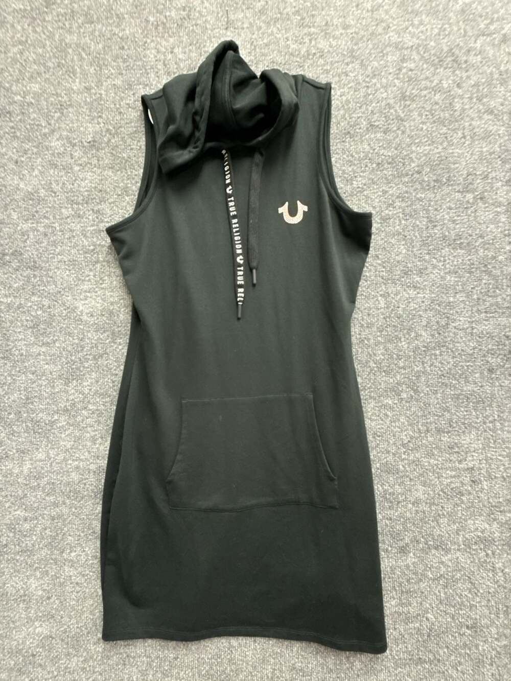 True Religion Black Sleeveless Hoodie Dress Rhinestone Horseshoe Logo XL